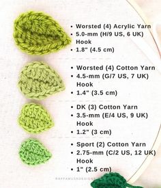 the crochet pattern is shown in three different colors and sizes, including green