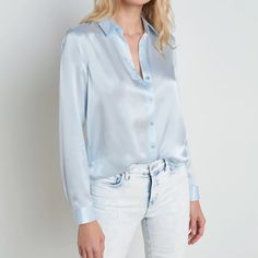 Signature Button-Down Blouse Offered In Pure Silk Charmeuse. The Tyler Keeps It Timeless With Details Like A Sharp Collar, Back Pleated Yoke, And Long Button-Cuff Sleeves. Offered In A Range Of Fresh Colorways And Prints, There's A Tyler For Every Occasion. Pair With Denim For Casual-Chic Style. Layer Under A Suit For A Pop Of Subtle Color. Casual Silk Blouse With Button Closure, Elegant Summer Shirt With Back Button Closure, Chic Blouse With Spread Collar And Buttons, Chic Blouse With Buttons And Spread Collar, Elegant Summer Blouse With Back Button Closure, Chic Silk Shirt With Buttons, Elegant Tops With Button Closure For Daywear, Silk Tops With Spread Collar For Daywear, Silk Blouse With Spread Collar For Daywear