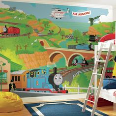 thomas the train wall mural in a child's bedroom with a ladder to it