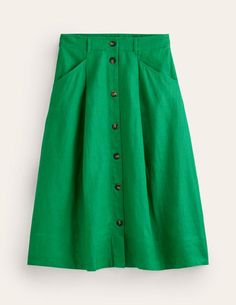 Just one look at our Petra skirt and we can feel the warmth of summer sun and a pleasant breeze around our ankles. It's made from breathable linen with a button-down front, defined waist and pockets to keep stash SPF and sunglasses in. Green Summer Skirt, Midi Skirt Green, Linen Midi Skirt, Casual Blazer Women, Defined Waist, Blazer Women, Boden Uk, Tambourine, Casual Blazer