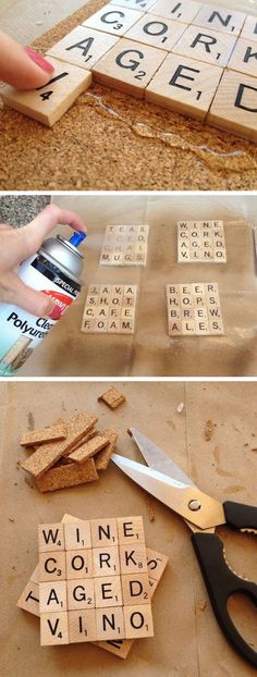 two pictures with wine corks on them and one is cut up to look like scrabble