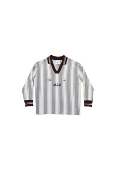 The Racer Knit is a thick sweater that marries cool colors in a vertical striped pattern with branded embroidery on the chest. The sweater fits oversized with a relaxed knit collar and V-neck. Thick knit Vertical strips in ivory, gray, and baby blue Burgundy knit collar and cuffs with lined trim Brand embroidery on chest Oversized fit 55% wool, 45% cotton All orders ship from our warehouse in Florida, USA Winter Sweater With Signature Stripes And Long Sleeves, White Long Sleeve Polo Sweater With Striped Collar, White Polo Sweater With Striped Collar For Fall, White Tops With Signature Stripes For Fall, Brand Embroidery, Thick Sweater, Cool Colors, Sweater Fits, Thick Sweaters