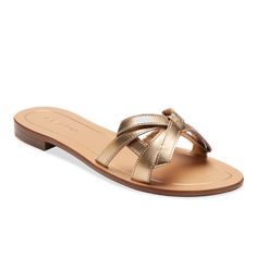 A breezy slide sandal in gold nappa, featuring an intricate, interwoven bow. Elegant Gold Slide Sandals, Elegant Gold Open Toe Slides, Elegant Gold Leather Slides, Sarah Flint, Fashion Shoes Sandals, White Wedding Shoes, Classy Shoes, Lit Shoes, Trending Sandals