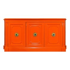 an orange cabinet with two doors and three drawers