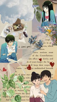 two people sitting next to each other in front of a collage with flowers and plants