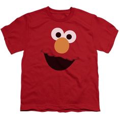 a red sesame face t - shirt with big eyes and an angry grin on it