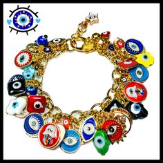 "Evil Eye Charm Bracelet  is packed with charms and good Juju! I made this bracelet with: ~Plated stainless chain ~Chunky Lobster Clasp ~Lampwork glass charms ~Enamel Charms ~Lampwork glass beads 7 & 3/4\" length with adjustment chain fits most. (message me for special wrist sizing)" Metal Charm Bracelet With Evil Eye, Evil Eye Metal Charm Bracelet, Nickel-free Multicolor Metal Charm Bracelet, Metal Charm Bracelet With Evil Eye For Gift, Glass Charms, Evil Eye Charm, Lampwork Glass Beads, Enamel Charms, Conversation Piece