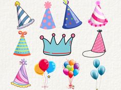 a bunch of party hats and balloons on a white background