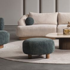 a living room filled with furniture and a white rug