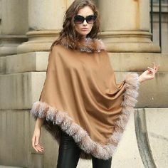 Description commodity; Opulent Sophisticated Real Fox Fur pashm Cloak poncho Cape/Coat/Wraps/New brown material: 10% Cashmere+90%wool+Best Fox  fur color:  Camel size: the long about 80cm=31.49inch; the cloak  perimeter  about  160cm=62.99inch (size error 1-3 cm) 1.All of our raw material is from artificial breeding 2.As long as it is our shipping countries, items send after you can receive in 7 to 15 working days; Attention UK and EU buyers! According to the current platform and your local poli Brown Winter Cape, Beige Shawl Cape For Winter, Beige Winter Shawl Cape, One-size Brown Shawl, 135 Pounds, Poncho Coat Cape, Cashmere Cape, Cape Coat, Poncho Cape