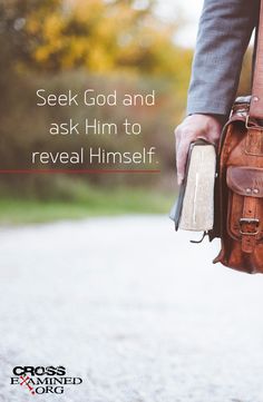 a person holding a brown bag with the words seek god and ask him to reveal himself