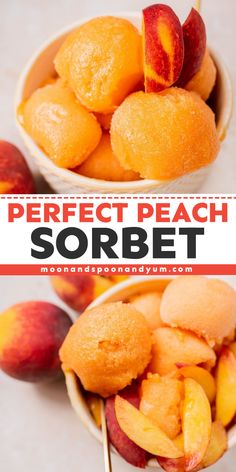 Learn how to make Perfect Peach Sorbet! Not only is this fruity spring dessert bursting with fresh peach flavor, but it is also gluten-free, dairy-free, nut-free, soy-free, and plant-based with a sugar-free option. Save this fruit sorbet recipe for a fun summer frozen treat! Non Dairy Sorbet Recipe, Peach Recipe Gluten Free, Peach Sorbet Recipe Ice Cream Maker, Dairy Free Sorbet Recipes, Fruitatarian Recipes, Frozen Sorbet Recipes, Frozen Peach Dessert Recipes, Home Made Sorbet Recipes, Frozen Desserts Easy Summer