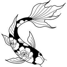 a black and white koi fish with flowers on it