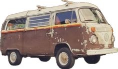 an old vw bus is painted brown and white