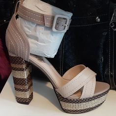 Naughty Monkey Leather Tan And Brown Sandal Platform Ankle Strap Shoes From Our Boutique Glitz 180 Danielson Pike Scituate Ri 02857 Wooden Platform Sandals, Color Block Heels, Cute Shoes Heels, Sandal Platform, Ankle Strap Shoes, Animal Coloring, Peep Toe Shoes, Wooden Heel, Strap Shoes