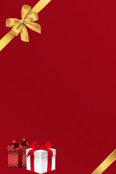 a red background with two wrapped presents and gold ribbon on the top, one tied in a bow