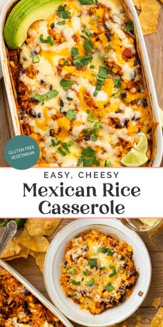 mexican rice casserole with avocado and cilantro on the side