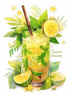 a glass filled with lemonade and limes on top of green leafy leaves