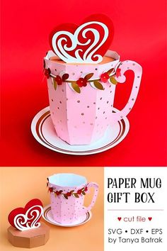 Handmade 3D paper gift box for a single mug, DIY tutorial and instructions 3d Paper Crafts Templates Free Printable, Gift Box Template Free, Box Templates Printable Free, Paper Box Template, Creative Box, Gift Box Template, Christmas Paper Crafts, 3d Paper Crafts, Paper Crafts Origami