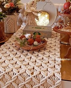 a table topped with a basket filled with eggs and other things on top of it