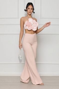 This freshly bloomed pants set features a big flower design on the top with a rhinestone jeweled halter neck.
Model wearing size small
Fits true to size for most
95% Polyester 5% Spandex
Inseam: 33.5 Inches Luxury Pink Maxi Length Set, Luxury Pink Maxi-length Set, Luxury Designer Pink Palazzo Set, Luxury Pink Palazzo Set For Transitional Season, Luxury Pink Party Wear Sets, Luxury Elegant Pink Sets, Luxury Flared Party Sets, Luxury Pink Wide Leg Pants For Formal Occasions, Luxury Chic Pink Wide Leg Pants