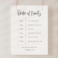 an order of events sign hanging on a string