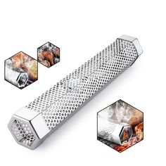 a metal grater sitting on top of a table next to three hexagonal objects