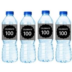 four bottled water bottles with black and white labels on the top one is 100ml