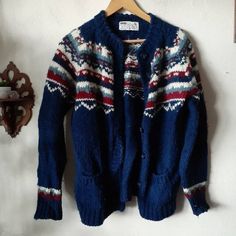 "Vintage Viking Iceland Icelandic Style Nordic Fair Isle Chunky Wool Knit Cardigan Sweater.  Features a slouchy oversized cut, button closure and color combination of Navy Blue, Maroon & White. 100% Pure New Wool. Tag Size Medium. Actual Measurements are as follows: Chest 40\" Length 26.5\" Condition: Excellent! No holes or stains and will be sweater shaved and Pilling free so it will be ready to wear!! *Any additional items shown or used as display are not included as part of this listing." Viking Iceland, Icelandic Style, Sweater Navy Blue, Cardigan Vintage, Pullover Outfit, Chunky Wool, Vintage Sweater, Wool Cardigan, Knit Sweater Cardigan