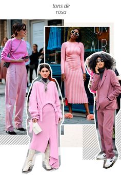 two women in pink outfits and one wearing white shoes