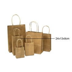 small brown paper bags with handles and handles are shown in three different sizes, one for each