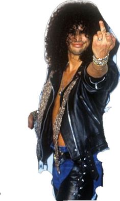 an image of a man with his hand up in the air while wearing a leather jacket