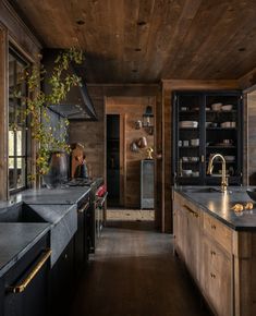 a kitchen with wooden walls and flooring has black countertops, wood cabinets, and brass accents