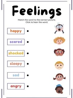 feelings worksheet with pictures and words to help students learn how to say them