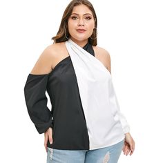 Plus Size Cold Shoulder Contrast Blouse - Black - 4N20974112 - Women's Clothing, Plus Size Women's Clothing  #PlusSizeWomensClothing #Women's #Clothing # #Plus #Size #Women's #Clothing Two Tone Top, Flare Sleeves Pattern, Blouse Size Chart, Shirt Collar Styles, Contrast Blouse, Fashion Plus Size, Trendy Plus Size Clothing, Plus Size Womens Clothing, Fashion Seasons