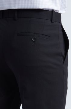 Smart and versatile, these dress pants tailored from polished wool feature a touch of stretch to keep you moving comfortably at any formal occasion. 36 1/2" inseam; 15" leg opening; 9 1/2" front rise; 15" back rise (size 30) Zip fly with hook-and-bar closure Front slant pockets 96% wool, 4% elastane Dry clean Imported Classic Ankle-length Elastane Dress Pants, Elegant Black 4-way Stretch Dress Pants, Elegant Tapered Leg Dress Pants With 4-way Stretch, Elegant 4-way Stretch Dress Pants With Tapered Leg, Elegant 4-way Stretch Tapered Leg Dress Pants, Semi-formal Elastane Dress Pants With Tapered Leg, Semi-formal Tapered Leg Elastane Dress Pants, Semi-formal Tapered Leg Dress Pants, Classic Business Casual Suits With Ankle-length Pants