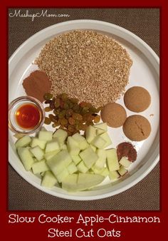 a white plate topped with sliced apples and spices