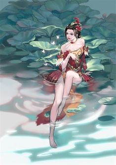 a woman in a red and gold costume floating on top of water with lily pads