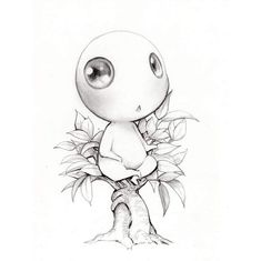 a drawing of a cartoon character sitting on top of a tree