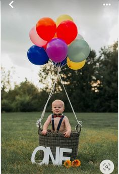 a baby is sitting in a basket with balloons attached to the handle and one sign on it