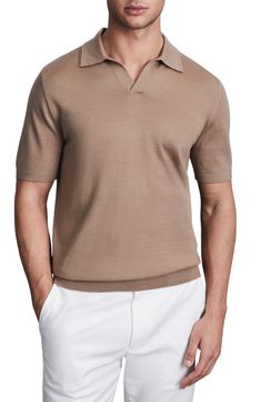 Soft, luxurious wool elevates a timeless polo-sweater topped with a smart Johnny collar. 26 1/2" length (size Medium) Johnny collar Short sleeves 100% wool Hand wash, dry flat Partially lined Imported Collared Cashmere Polo Shirt For Fall, Classic Johnny Collar Polo Sweater For Fall, Classic Brown Tops With Johnny Collar, Classic Brown Top With Johnny Collar, Classic Beige Polo Sweater With Collar, Classic Wool Polo Shirt For Fall, Collared Brown Polo Sweater For Work, Wool Collared Polo Shirt For Fall, Brown Collared Polo Sweater For Work