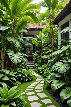 a garden with lush green plants and stepping stones in the grass, leading to a white house