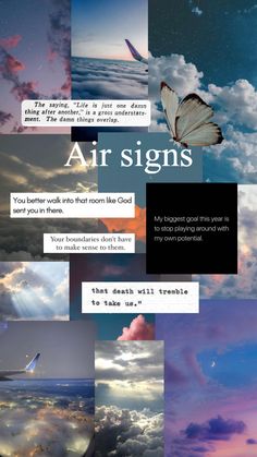 a collage of photos with the words air signs above them and an airplane in the sky