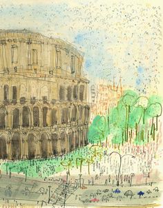 a drawing of the colossion in rome, with trees and buildings around it