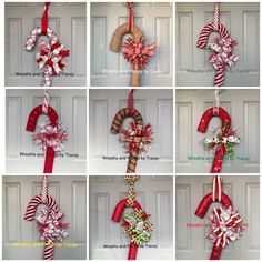 twelve christmas wreaths hanging on the front door with ribbons and bows attached to them