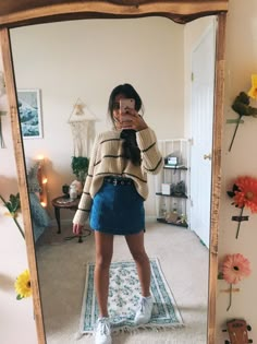 Trendy Fall Outfits Skirts, Blue Jean Skirt Fall Outfit, Fall Sweaters With Skirts, Floral Mini Skirt Outfit Fall, Spring Jean Skirt Outfits, Demin Skirt Winter Outfit, Fall Outfits With Jean Skirts, Light Jean Skirt Outfit, Jean Skirt Outfits Midsize