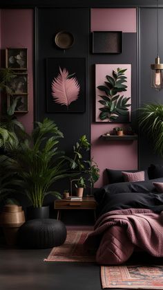 a bedroom with pink walls and plants on the wall, along with black bedding