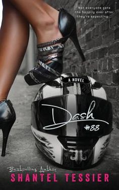 a woman in high heels is sitting on top of a motorcycle helmet with the words dash written on it