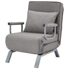 a gray chair with a pillow on top of it and a metal frame around the armrests