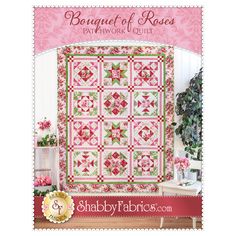 a pink and green quilt with the words, bouquet of roses in red on it